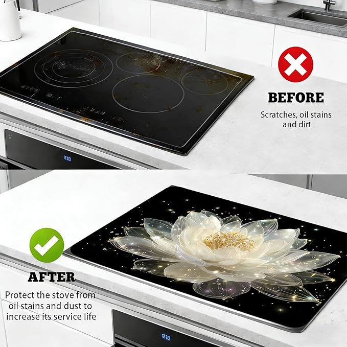 Glass Stove Top Covers for Electric Stove, Heat Resistant Counter Protector Mat, Non Slip Waterproof Surface Cover for Kitchen Counter and Cooktop (Glow Lotus, 28"L x 20"W)