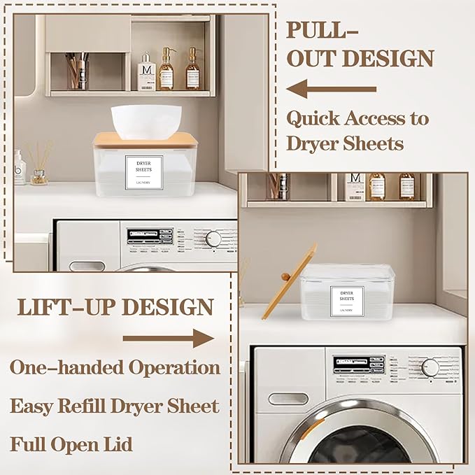Dryer Sheet Holder - Clear Dryer Sheets Container with Bamboo Lid, 16 Labels and Scoops for Laundry Room Organization and Storage Dryer Sheet, Balls, Clothespins, Pods