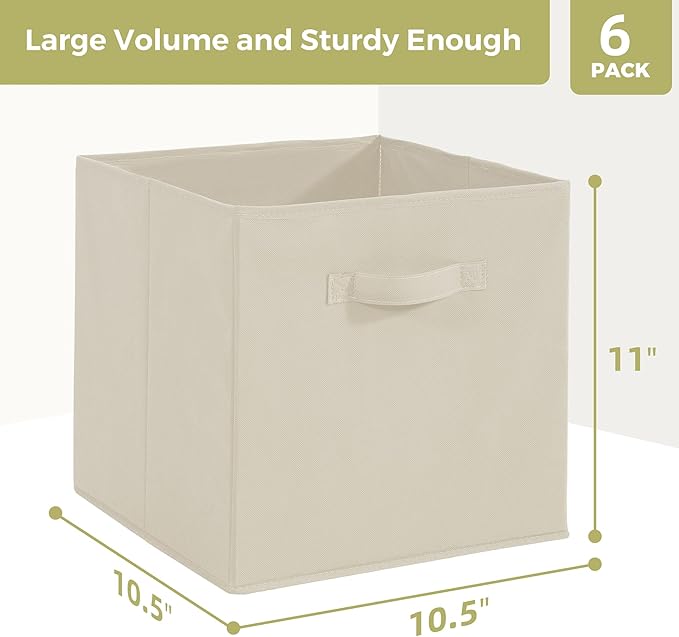 Storage Cubes, 11 Inch Cube Storage Bins, Set of 6, Fabric Foldable Storage Bins With Handles, Closet Storage Organizer Bins, Cubby Clothing Storage Baskets for Shelves, Beige