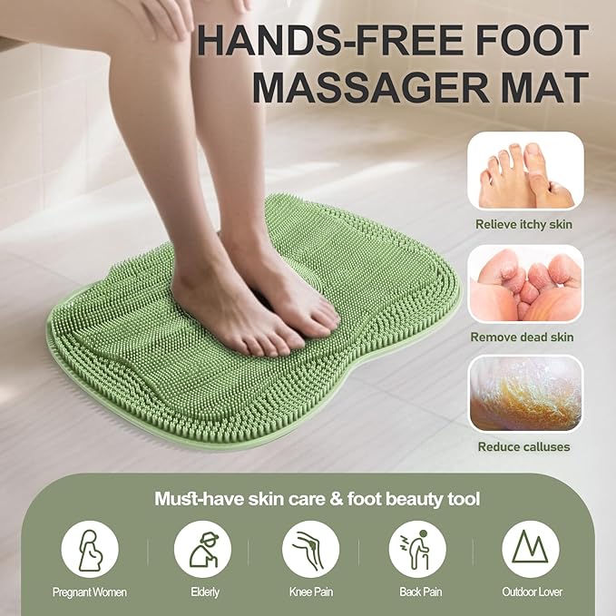 XL Shower Foot Scrubber Mat, Silicone Feet Massage Cleaner Dead Skin Toes Clean Pad without Bending Non-slip Suction Cups -Improve Circulation for Feet Beauty Exfoliate Smooth Achy 17.2*13" Sage Green