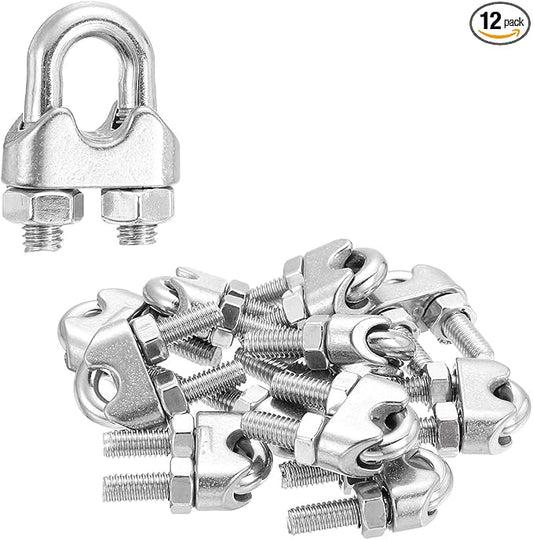 MECCANIXITY 12Pcs Wire Rope Cable Clip Clamps 1/4 Inch M6 Small 304 Stainless Steel U Bolt Saddle Fasteners Hardware for Secure Rigging Marine Guy Line Fence Clothesline, Silver
