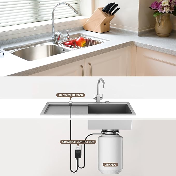 Garbage Disposal Air Switch Kit Wireless Sink Top Garbage Disposal Button Stainless Steel/On/Off Waterproof Button Kit with Long Switch Matte UL Listed(Single Outlet,Silver,Short Size)