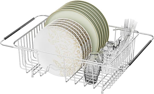 JAQ Dish Drying Rack in-Sink, 304 Stainless Steel Dish Drainer with Stainless Steel Silverware Holder Over Inside Sink-Adjustable 15.08" to 22.4" Maximium 13 Upright Dishes