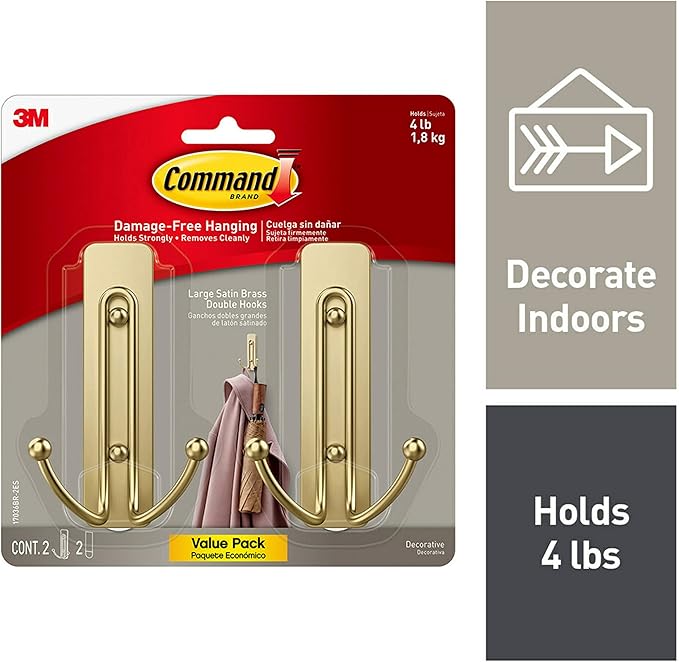Command Bath Shower Small Water-Resistant Adhesive, Satin Nickel, 1 lb Capacity, 1 Squeegee & Large Wall Hooks, Damage Free Hanging Wall Hooks with Adhesive Strips, No Tools Double Wall Hooks