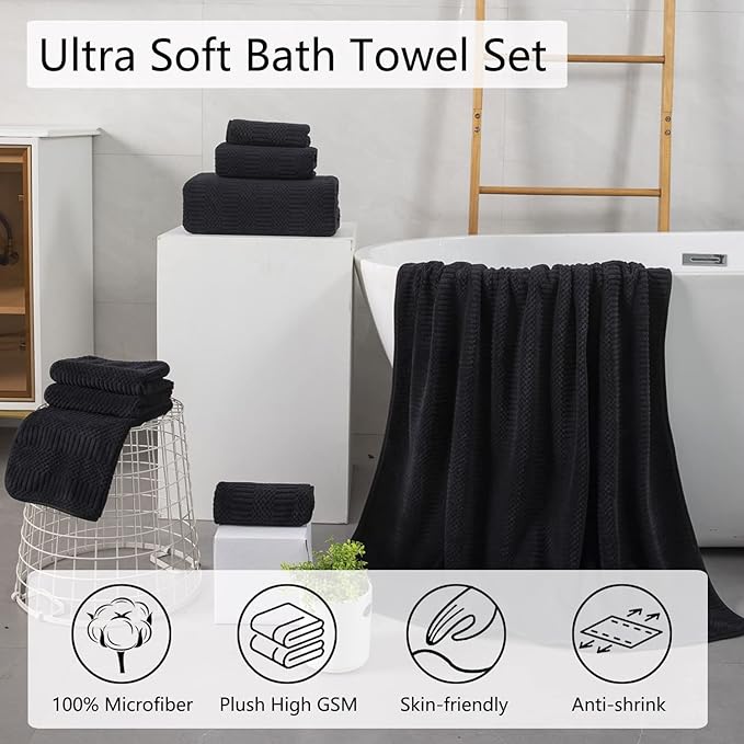 Oliven 2 Piece Black Geometric Hand Towel Set 16"x31" Soft Highly Absorbent Quick Dry Bathroom Towels Microfiber Plush Towels Set Woven Towels for Kitchen Hotel Spa Gym