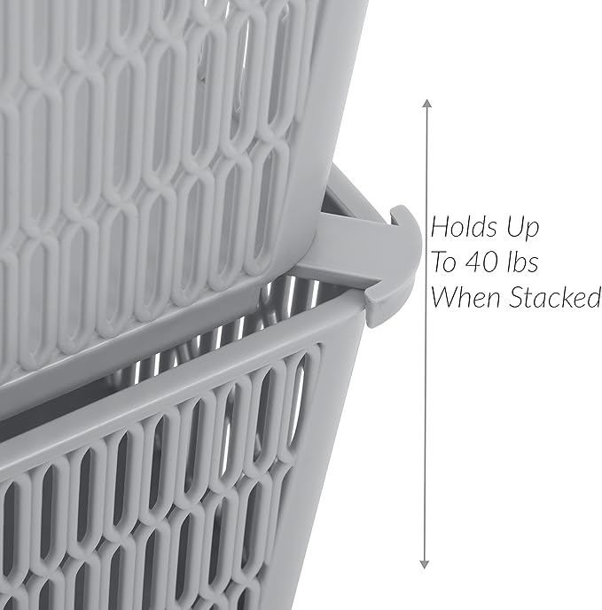Simplify 4Pk Large Slide 2 Stack It Tote Basket | Storage & Organization | Open Bins with Stackable Capability | Bathroom | Crafts | Pantry | Playroom | Office | Grey (KIT-25930-GREY-4PK)