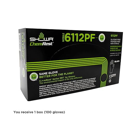 SHOWA 6112PF Sustainable EBT Latex-Free, Powder-Free, Nitrile Disposable Single Use Safety Gloves, 4 Mil, 9.5" Length, Black, X-Small, (1 Box/100 Gloves)