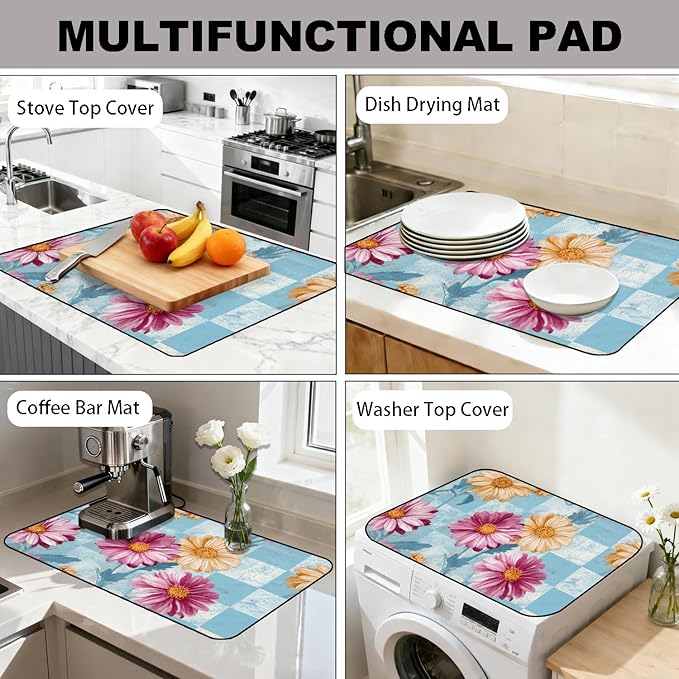 Glass Stove Top Covers for Electric Stove, Heat Resistant Counter Protector Mat, Non Slip Waterproof Surface Cover for Kitchen Counter and Cooktop (Vintage Daisy Patchwork, 28"L x 20"W)