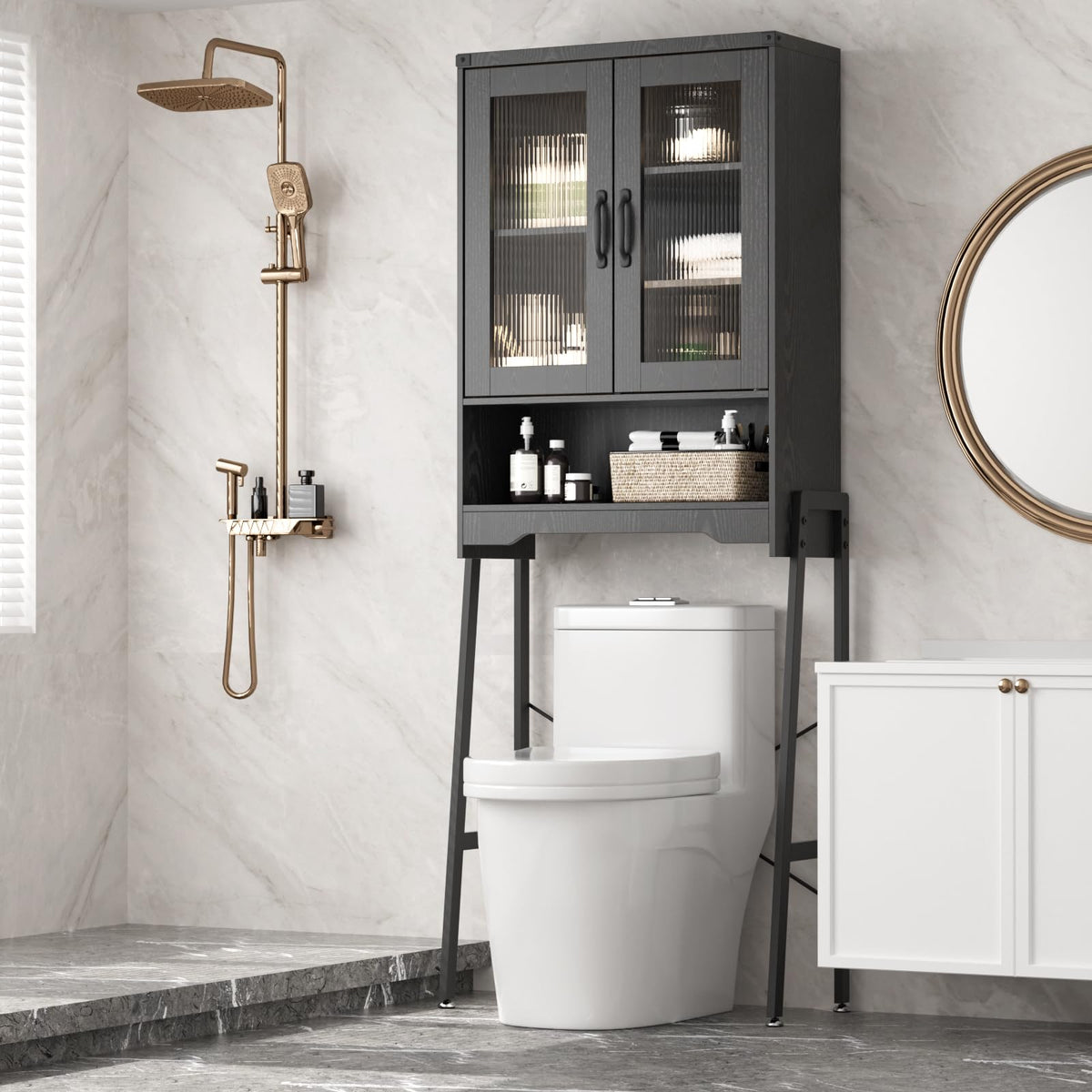Over The Toilet Storage Cabinet with Tempered Glass Doors & - Image 1
