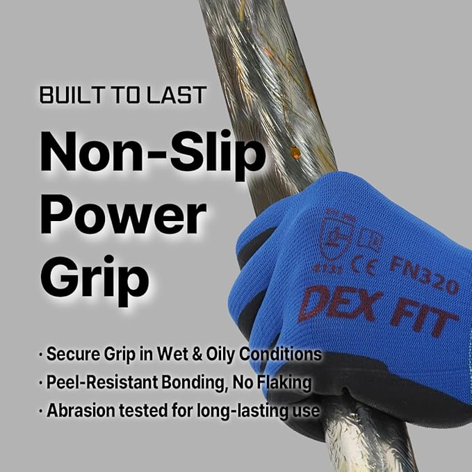 DEX FIT Nylon Work Gloves FN320, 3D Comfort Fit, Power Grip, Lightweight & Breathable, Touchscreen, Gardening, Yard Work, Warehouse, Delivery Driver Gloves; Blue 10 (XS) 3 Pairs