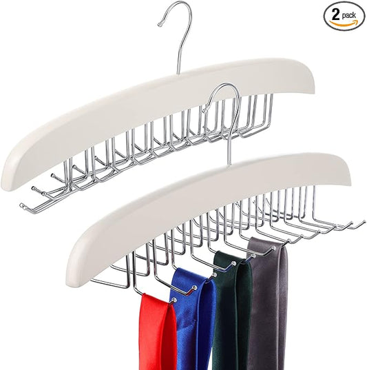 Jetec 2 Pieces Tie Rack Tie Hanger 24 Hooks Wooden Tie Rack Hanger for Closet 360 Degree Rotating Belt Holder Tie Organizer for Men Women Bras Tank Tops Camisoles(White)