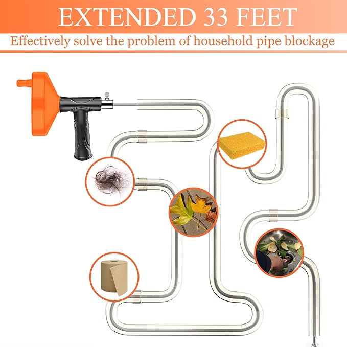 Drain Snake Auger 33 Ft, Heavy Duty Plumbing Snake for Sink, Tub, and Shower, Clog Remover Drain Cleaner Tool with Gloves