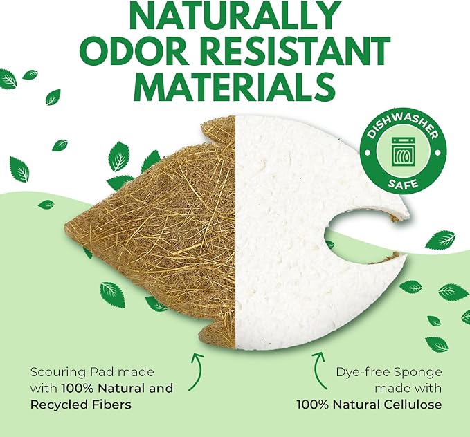 Natural Kitchen Sponges (6 Pack) - Biodegradable Cellulose & Coconut Scrubber Dish Sponge for Kitchen - Eco-Friendly, Non Scratch, Compostable, Non Toxic Leaf Shaped Natural Sponges for Dishes