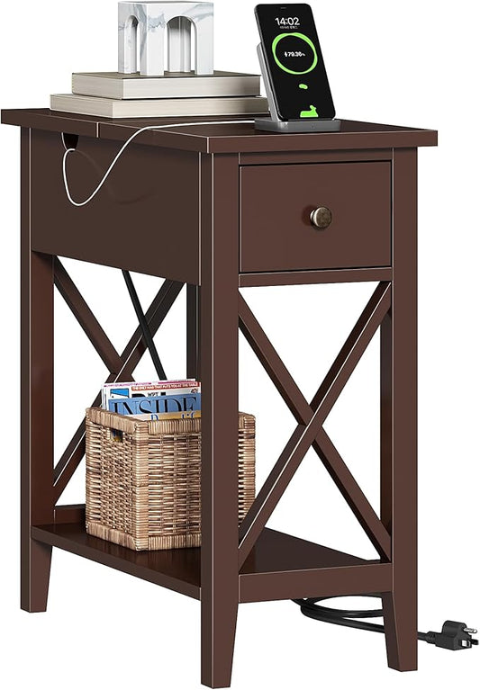 ChooChoo End Table with Charging Station, Narrow Side Table with USB Ports and Outlets, Nightstand with Drawer, for Small Spaces, Bedside Tables for Living Room, Espresso