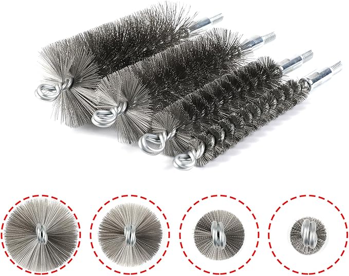 50 in Pipe Cleaning Brush Set with Stainless Steel Bristles, Wire Brush with 4 Flexible Rods, Stainless Steel Pipe Brush 4pcs for Auto Parts, Bottles, Tubes. (3/5, 1, 1 3/5, 2 in Brush Heads)