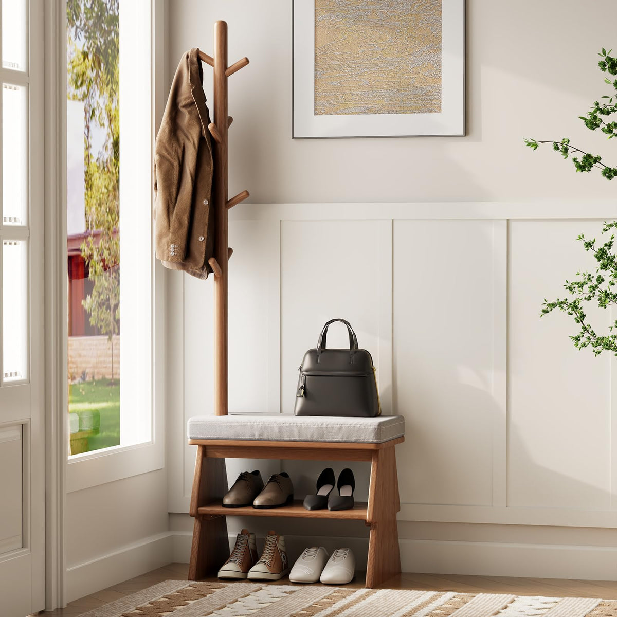 Coat Rack with Shoe Storage, Shoe Rack with 8 Hook, Walnut - Image 1