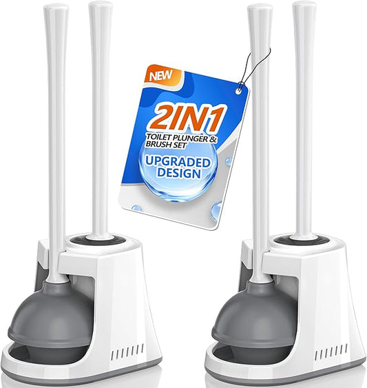 Toilet Plunger and Brush, Bowl Brush and Heavy Duty Toilet Plunger Set with Ventilated Holder, 2-in-1 Toilet Brush and Plunger Combo for Bathroom Cleaning (2, White)
