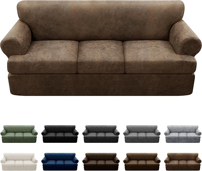 4-Pieces T Cushion Sofa Slipcovers - Leather Look Couch Cover for 3 Cushion Couch - Furniture Protector Stretch Sofa Cover With 3 Individual Seat Covers - Washable, Light Brown