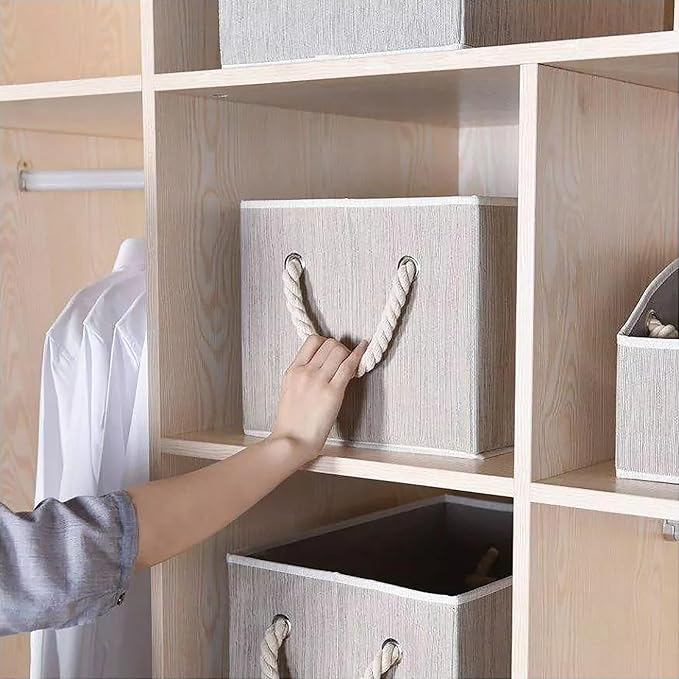 Pack of 2 Storage Bins Closet Organizer System, Sturdy Foldable Storage Boxes for Organizing Clothing, Books - Shelf Organizer Shelves Basket Storage Bin with Handles Clay