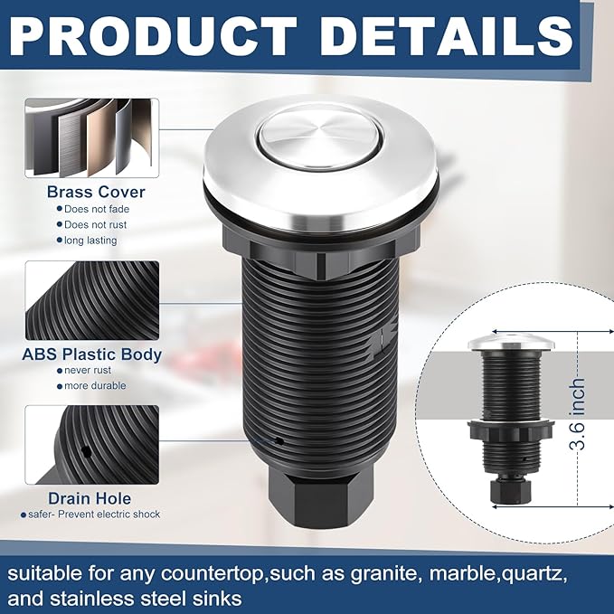 Garbage Disposal Air Switch Kit Wireless Sink Top Garbage Disposal Button Stainless Steel/On/Off Waterproof Button Kit with Long Switch Matte UL Listed(Single Outlet,Silver,Short Size)