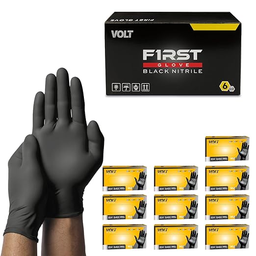 FIRST GLOVE Volt 6 Mil Black Nitrile Disposable Gloves - 200 Count Large - Food Safe Heavy Duty Gloves for Cooking, Cleaning, Industrial & Food Service - Latex Free, Powder Free, Micro-Textured Grip
