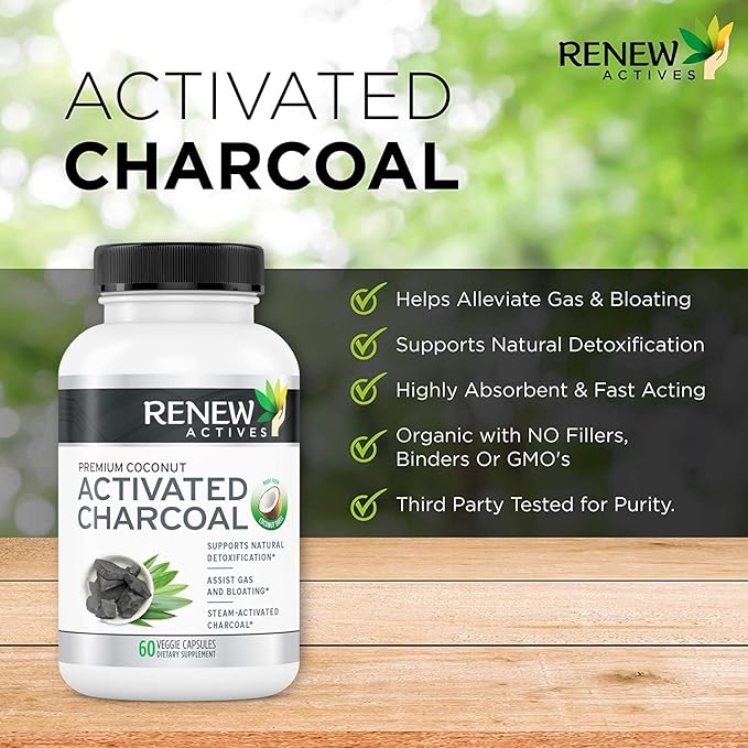Renew Actives Activated Charcoal Supplement 1100MG per 2 Capsules - Digestive Support & Teeth Whitening Formula, No Artificial Ingredients - Made in Canada - 60 Capsules
