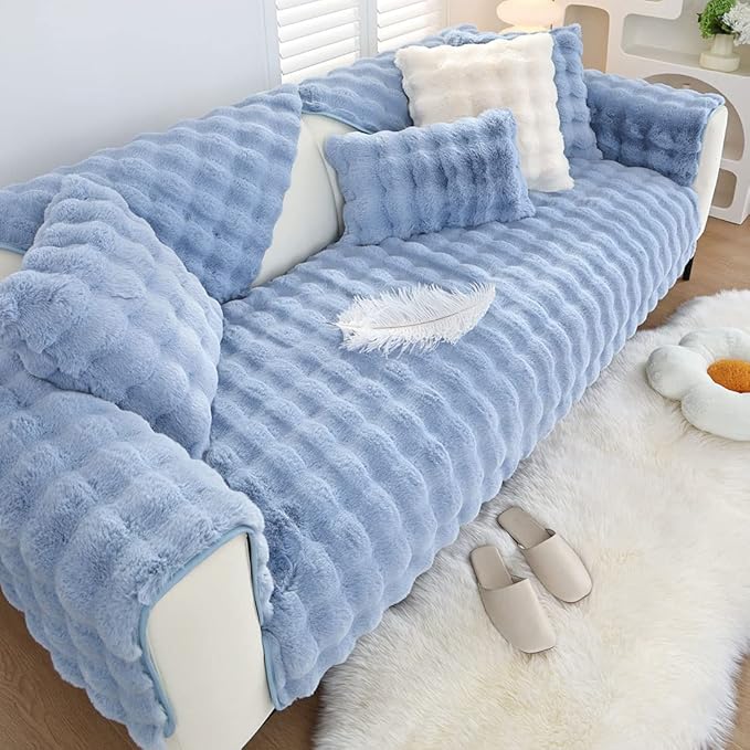 Soft Warm Faux Fur Couch Sofa Cover Thick Shaggy Fuzzy Sectional Couch Cover Non-Slip Solid Color Plush Sofa Slipcover Furniture Protector for Kids, Pets (Light Blue,36"x82")