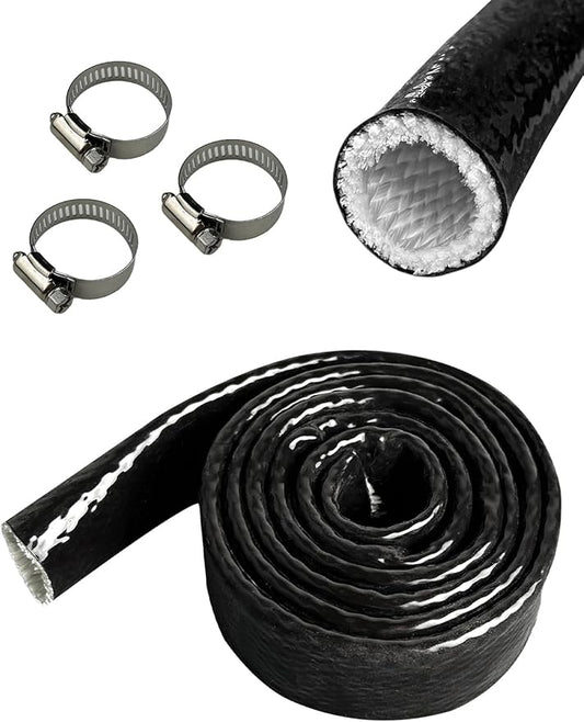 YAMAKATO 1/2" ID Heat Shielded Fire Thermo Armor Fire Sleeve Silicone Coated Fiberglass Heat Protection w/ 3 Clamps for Automotive Hose Lines & Electrical Wiring (Black, 5FT
