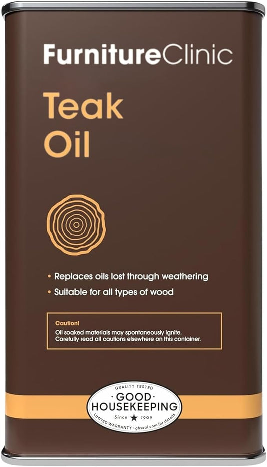 Furniture Clinic Teak Oil | 10x More Teak Oil | 170fl oz / 5 Liter | Wood Oil Protects & Cleans Outdoor & Indoor Furniture, & Boats | Restore & Protect Wood, Prevent Drying | Natural Matte Finish