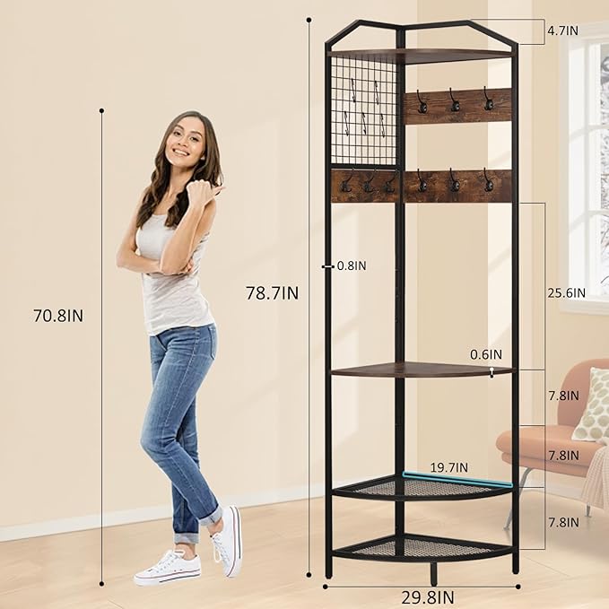 Corner Coat Rack, Hall Tree with Bench and Shoe Storage, Wood Entryway Organizer with 14 Metal Hooks, Freestanding Corner Shelves for Entryway, Hallway