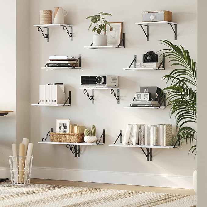 DINZI LVJ Deep Floating Shelves, 16 W x 12" D Wall Shelves Set of 2, Wide Display Shelf Wall Mounted with Brackets, Easy-to-Install Floating Bookshelf for Living Room, Bathroom, Bedroom, White