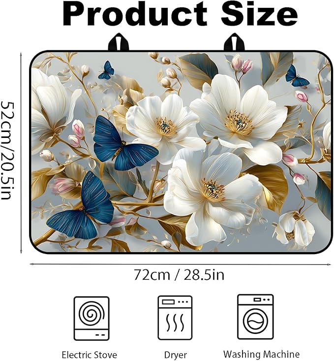Glass Stove Top Covers for Electric Stove, Heat Resistant Counter Protector Mat, Non Slip Waterproof Surface Cover for Kitchen Counter and Cooktop (White Flowers, 28"L x 20"W)