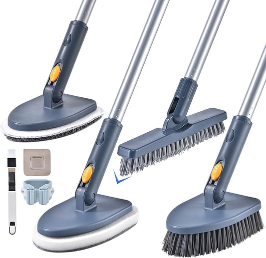 Shower Cleaning Brush,4 in 1 Tile Tub Shower Scrubber with 54.7'' Long Handle Stiff Bristles Sponge Brush Grout Brush Microfibe Pads for Bathroom Kitchen Toilet Wall Glass Tub Tile Sink