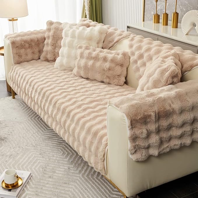 Soft Warm Faux Fur Couch Sofa Cover Thick Shaggy Fuzzy Sectional Couch Cover Non-Slip Solid Color Plush Sofa Slipcover Furniture Protector for Kids, Pets (Light Brown,28"x70")