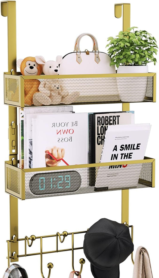 Consumest Over The Door Hooks Organizer - Extra Long Door Hanger with 9 Coat Hooks & 2 Mesh Basket, Back Storage Organizer Hanging Towels for Bathroom, Bedroom, Gold (for 1.76 in Doors)