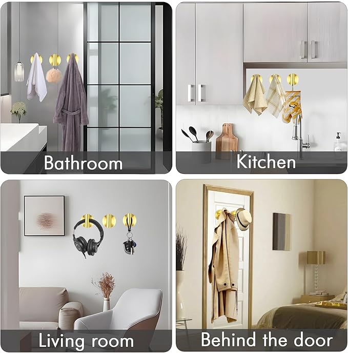 6 PCS Suction Cup Shower Towel Hooks, Wall Mount Robe Holder, Heavy Duty No Drill Wall SUS304 Waterproof Stainless Steel Hooks for Bedroom, Bathroom, Kitchen, Hotel and Office (Brushed Golden)