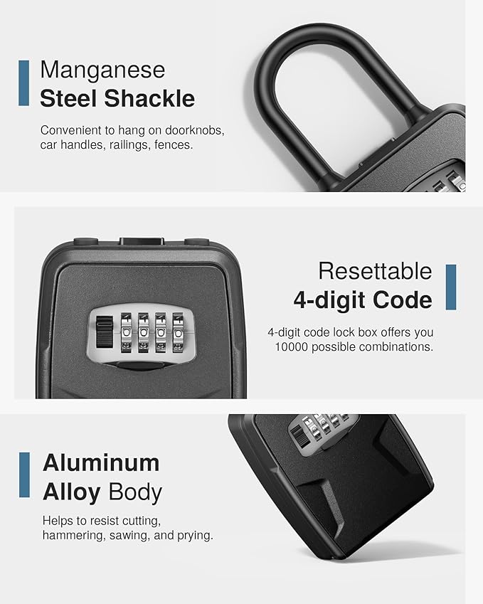 Puroma Large Key Lockbox with Hook, Resettable Combination Code Lock Box, Waterproof Security Wall Mount Lock Box with Shackle for Outdoor, Home, Door Handle Apartment Key Storage (1 Pack, Black)