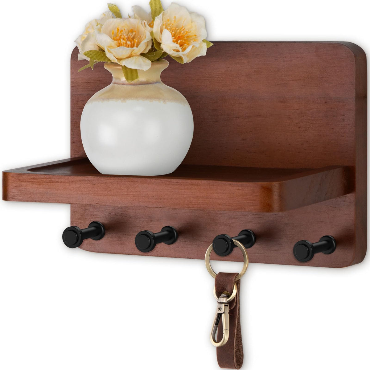 Nekon Key Holder for Wall with Shelf, Pine Wooden Key Hanger - Image 1