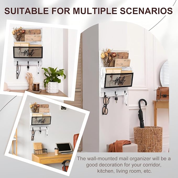 Farmhouse Mail Organizer Wall Mounted Rustic Mail Holder Hanging Key Sorter with 3 Hooks Indoor Wooden Wall Mounted, Letter, Magazines, Newspapers, Keys(Classics,White Gray)