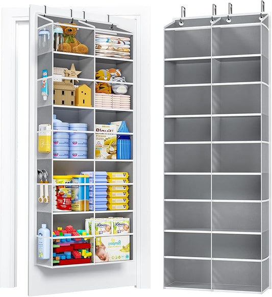 PureSpace 5-Tier Over The Door Organizer with 10 Side Mesh Pockets & Clear Windows, 80 lbs Weight Capacity Hanging Storage for Bathroom, Bedroom, Nursery, Kitchen, Organize Shoes, Diapers(Clear Grey)