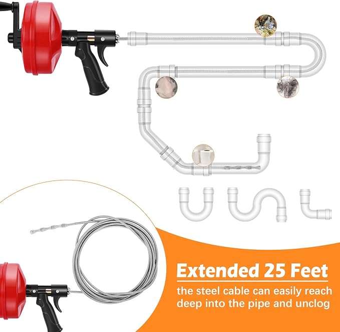 25 FT Double Mode Drain Snake Tools, 14-in-1 Drain Auger for Sink and Drain Unblocking, Plumbing Snake for Kitchen, Bathrom and Shower Sink, Drain Clog Remover for Real DYIs【Upgraded】