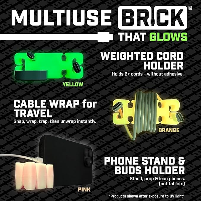 GlowBrick Stocking Stuffers for Adults Cord Management Weighted Cord Holder Cable Wrap Phone Stand - Glow-in-The-Dark Gadget Organizer for Nightstand. Gift for Men, Silicone. 6pk Glowing Yellow