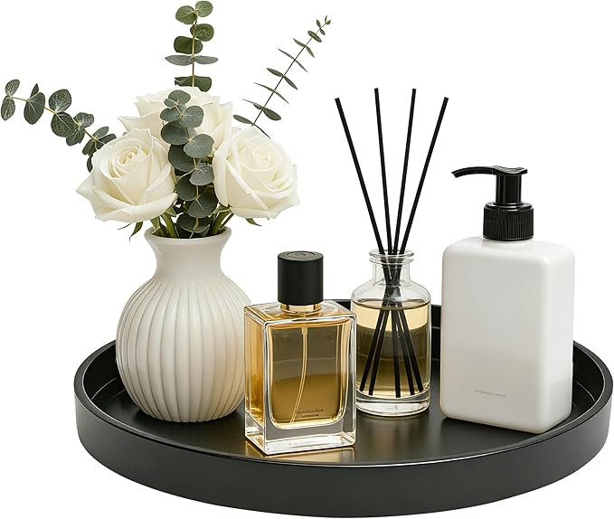 2 Pack 10" Bathroom and Vanity Tray, ABS Bathroom Counter Organizer, Coffee Table Decor for Perfume, Candles, Keys &More. Kitchen Countertop Organizer, Decorative Tray Soap Holder, Black