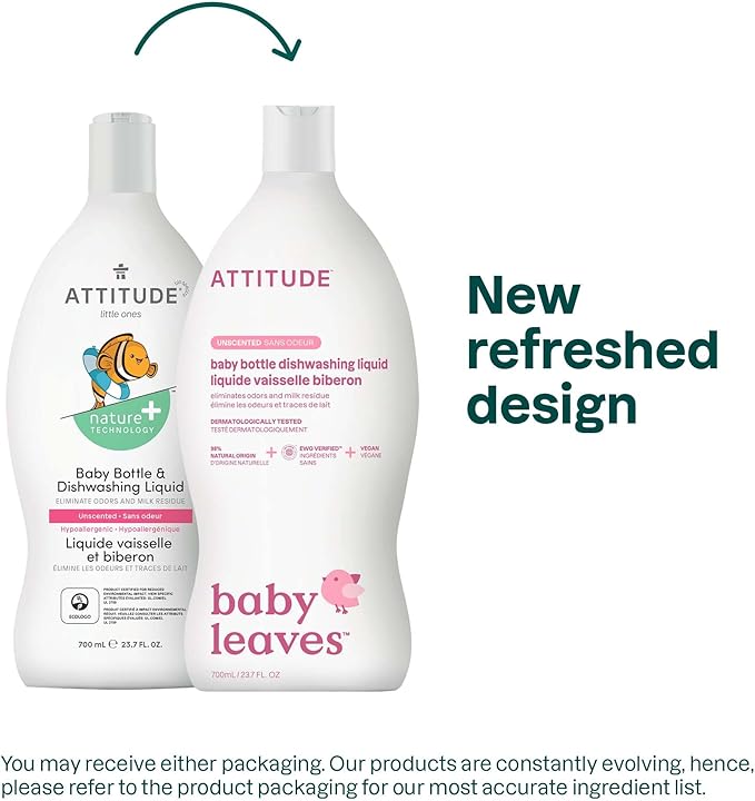 ATTITUDE Baby Bottle & Dish Soap, EWG Verified Bottle Cleaner, Fragrance Free & Dye Free, Removes Milk Residue & Grease, Vegan, Unscented, 23.7 Fl Oz (Pack of 9)