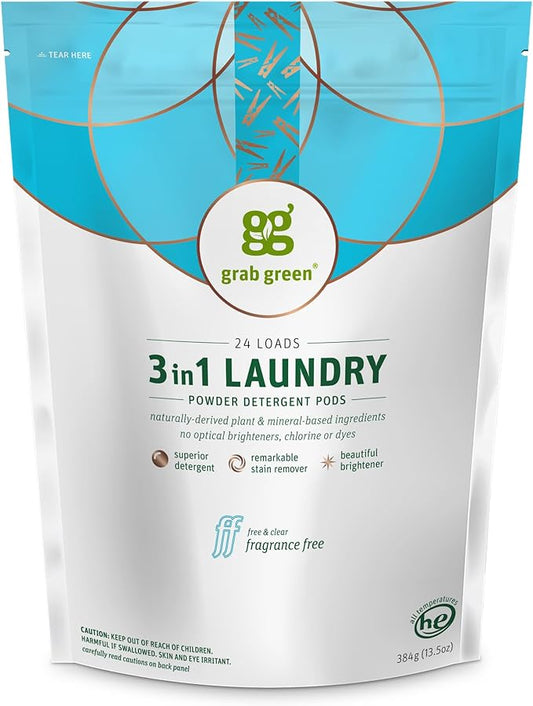 Grab Green Natural 3 in 1 Laundry Detergent Pods, Free & Clear/Unscented, 24 Loads, Fragrance Free, Organic Enzyme-Powered, Plant & Mineral-Based, 13.5 Ounce, 24 Count