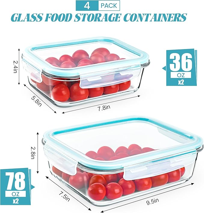 4 Pack [78 oz & 36 oz] Large Glass Food Storage Containers with Lids, Glass Meal Prep Containers Set with Airtight Lids - BPA Free, Ideal for Food Storing/Serving, Microwave/Oven Safe