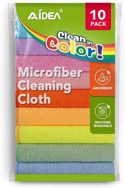 AIDEA Microfiber Cleaning Cloth, 10PK, Colorful Lint-Free Vibrant Cleaning Rags, Microfiber Towels for Cars, Kitchen Cloth, Dusting Cloth for Home, Window, Cleaning Supplies, 11.5"×11.5"