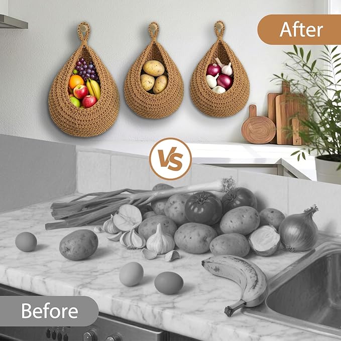 Hanging Fruit Baskets for Kitchen, 3 Pack Boho Cotton Rope Handwoven Vegetable Storage Wall Mounted Large Organizing Basket for Farmhouse Decor, Onion, Potato, Garlic and Plants (Caramel)