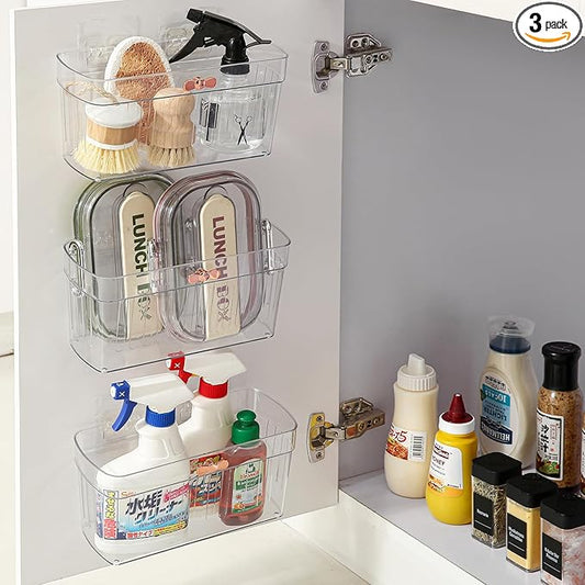 3 Pack Adhesive Cabinet Door Organizer, Kitchen Under Sink Organizer Caddy, Clear Plastic Storage Bins for Pantry, No-drill Wall Storage Box, Hanging Makeup Organizer Floating Shelf for Bathroom
