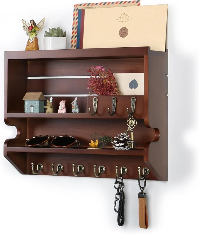 Innovation Handcrafted Solid Pine Wood Key Holder for Wall - Artisan Hand-Sprayed Mail Organizer Wall Mount with 9 Heavy Duty Hooks, Finely Sanded Smooth Surface Entryway Decor, Walnut